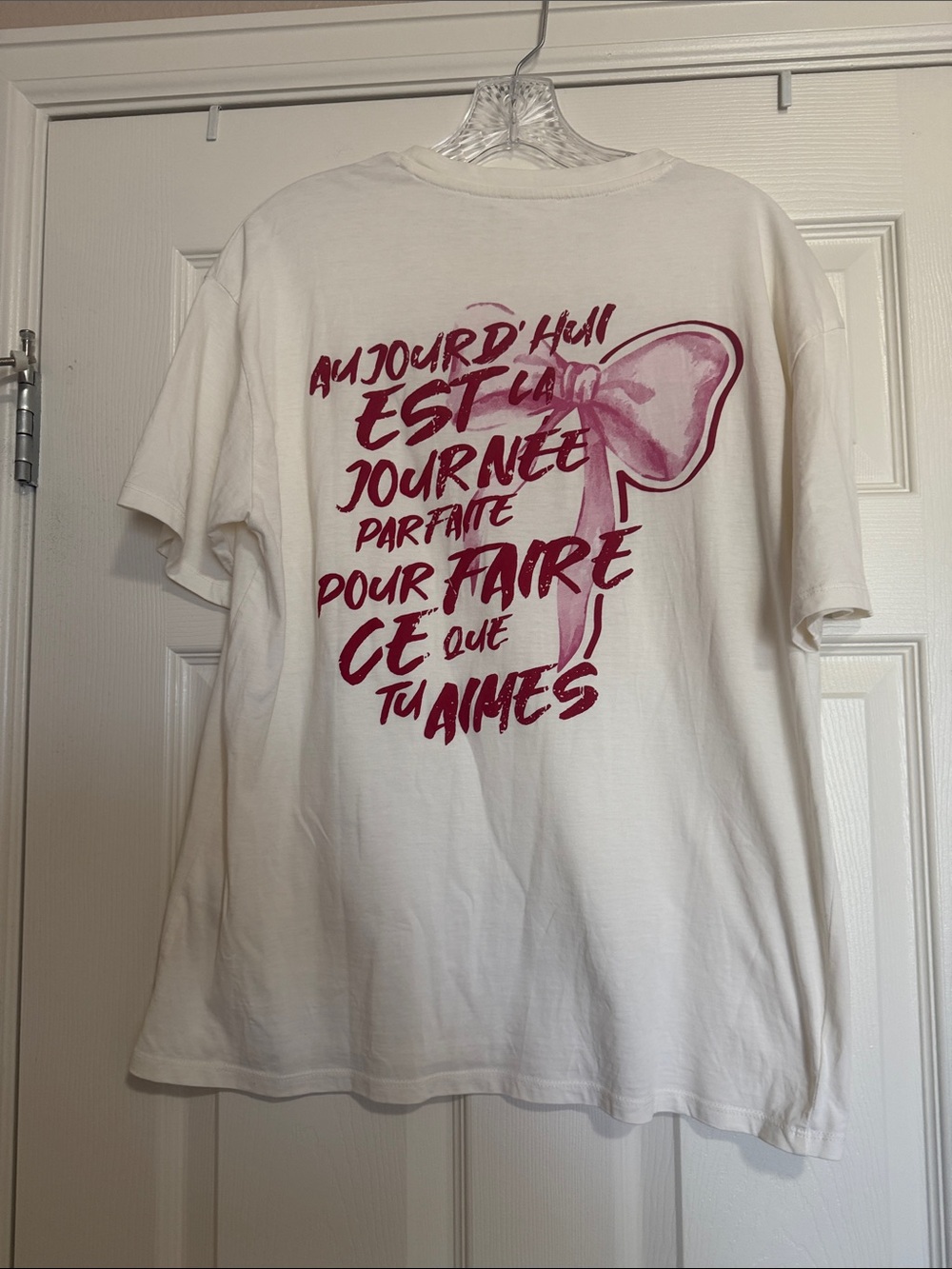 White Short Sleeve Tee with Pink Script and Bow Graphic